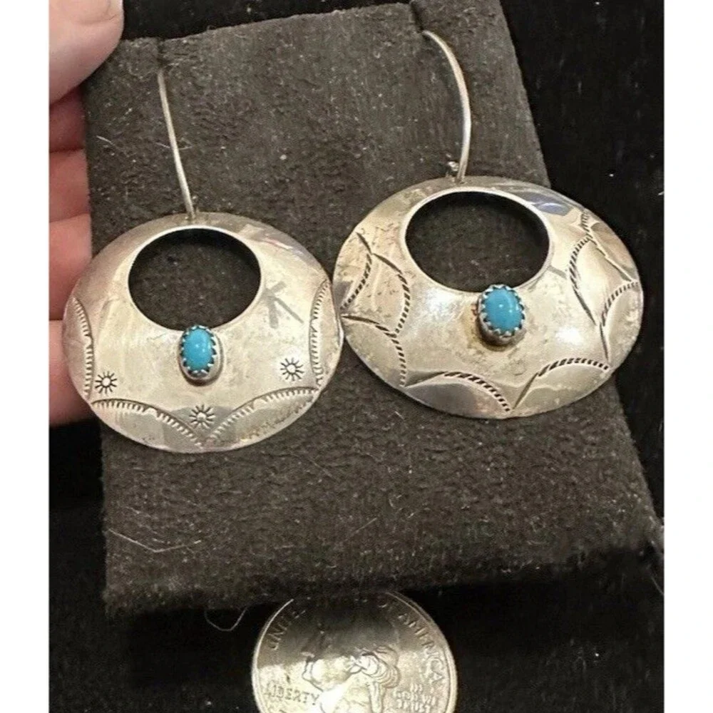 Vintage Southwest Hand Stamped Sterling Silver Concho Turquoise Earrings